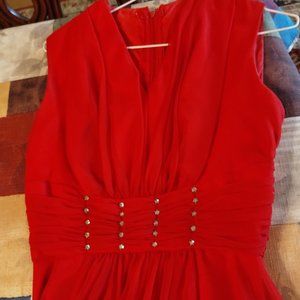 Red Formal Dress with Rhinestone Waist Accents